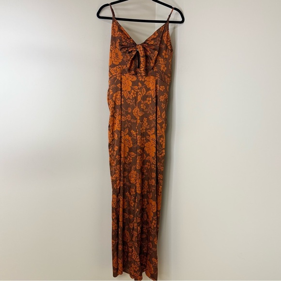 Suzy Shier Orange and Brown Elegant Floral Romper | One-piece Silk Jumpsuit - Picture 1 of 9